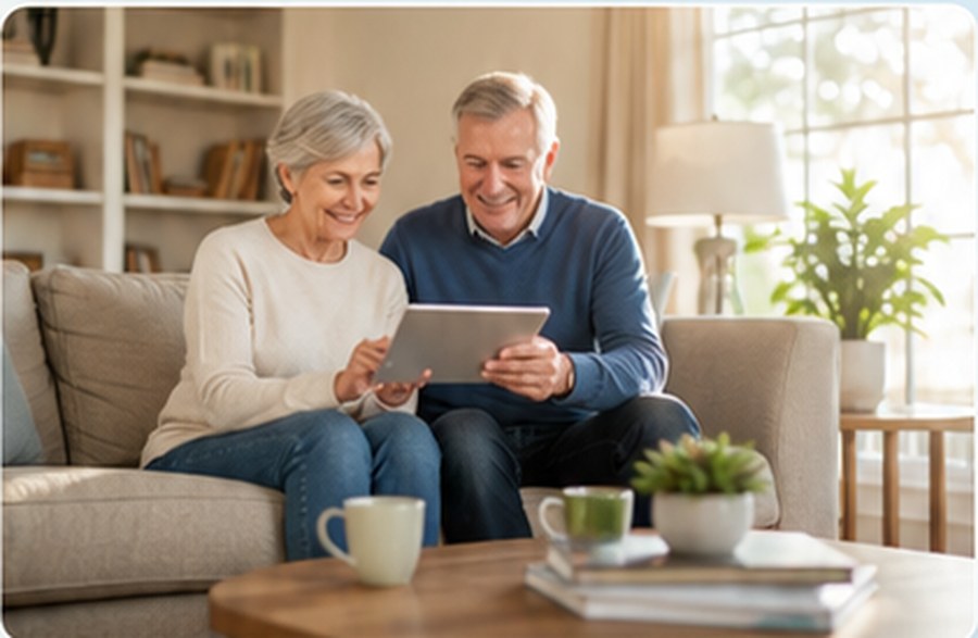 Older couple reviewing information together